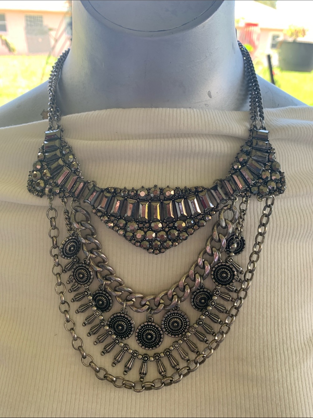 Statement Multi-Layer Silver Necklace with Iridescent Stones